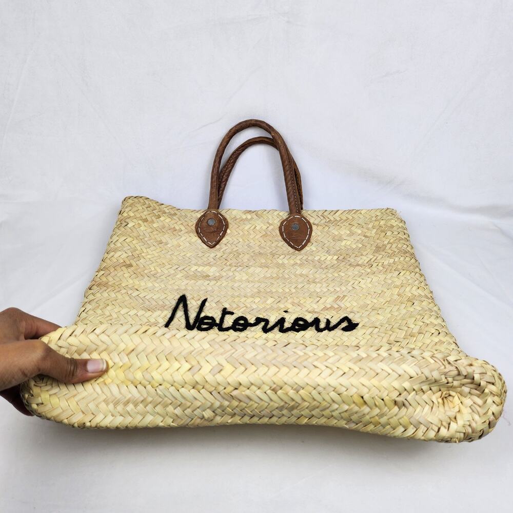 POOLSIDE Straw Tote Leather Handle Black Embroidery Personalized Beach Summer - Picture 5 of 7